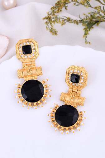 Gold plated black stone drop and dangle earring
