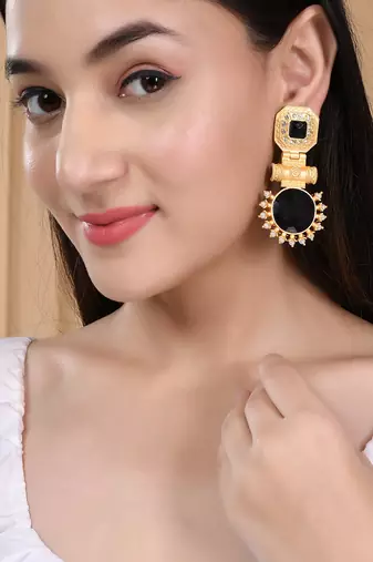 Gold plated black stone drop and dangle earring
