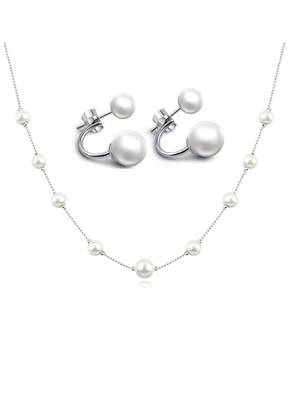 Aquastreet exclusive combo of white double pearl ear jackets earrings and elegant white pearl metal neck... 1