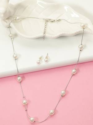 Aquastreet exclusive combo of pearl stud earrings & elegant white pearl metal necklace for women and girls 1