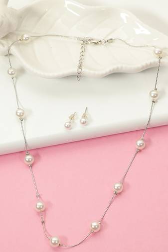 Aquastreet exclusive combo of pearl stud earrings & elegant white pearl metal necklace for women and girls