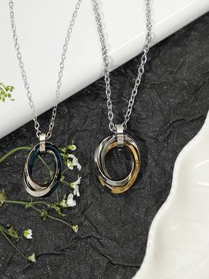 Aquastreet tri rings stainless steel with cz multicolour couple pendant chain for men/women & girls/boys 1