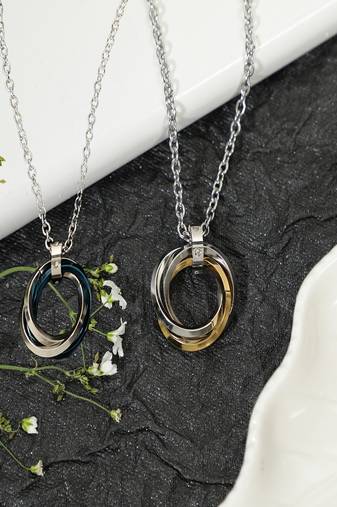 Aquastreet tri rings stainless steel with cz multicolour couple pendant chain for men/women & girls/boys