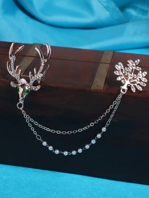 Aquastreet deer & leaf crystal with pearl double chained collar pin/brooch lapel pin 1