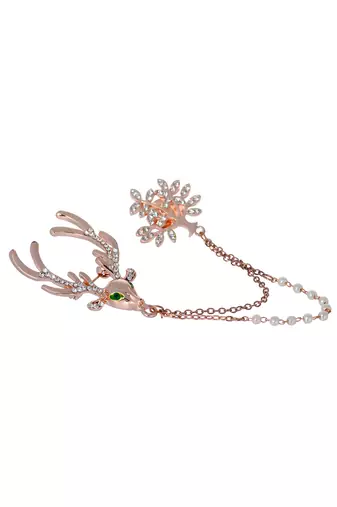 Aquastreet deer & leaf crystal with pearl double chained collar pin/brooch lapel pin