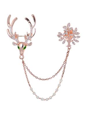 Aquastreet deer & leaf crystal with pearl double chained collar pin/brooch lapel pin 4