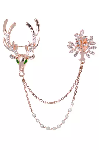 Aquastreet deer & leaf crystal with pearl double chained collar pin/brooch lapel pin