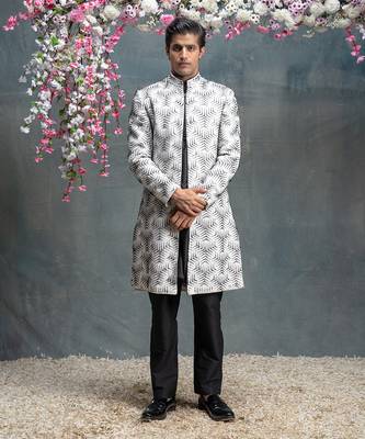Ivory and black 3d embroidered kurta & jacket set 1
