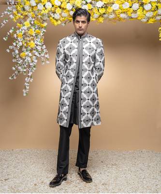 Ivory and black indo western kurta & jacket set 1