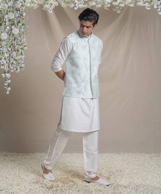 Ice blue tonal embroidery kurta bundi set 1