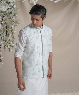 Ice blue tonal embroidery kurta bundi set 3