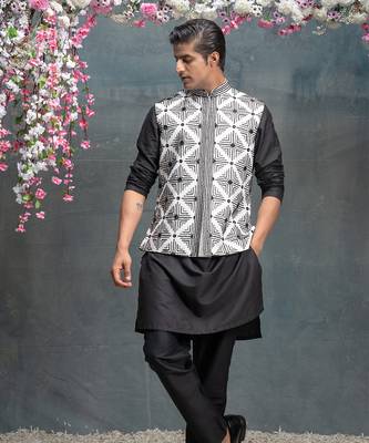 Ivory and black geometric embroidered kurta & bundi set 3