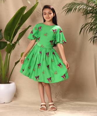 Green embroidered fit and flare dress with circular sleeves 1