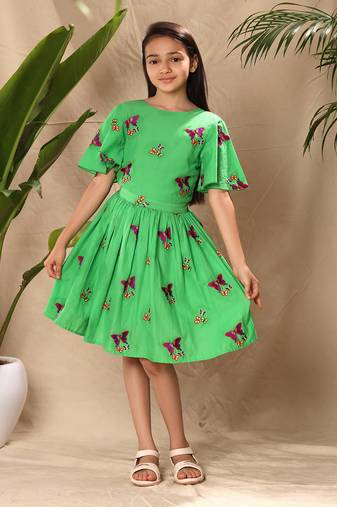 Green embroidered fit and flare dress with circular sleeves