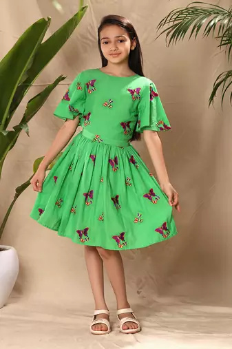 Green embroidered fit and flare dress with circular sleeves