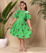Green embroidered fit and flare dress with circular sleeves