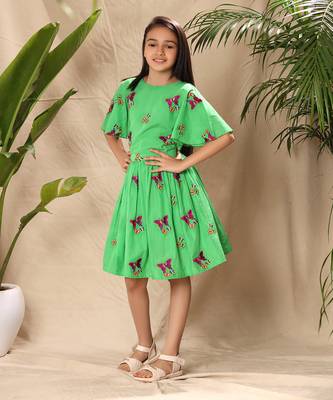 Green embroidered fit and flare dress with circular sleeves 2