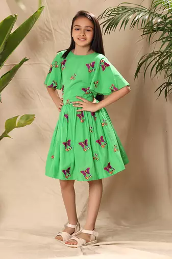Green embroidered fit and flare dress with circular sleeves