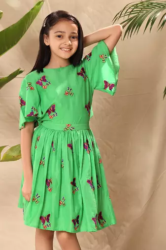Green embroidered fit and flare dress with circular sleeves