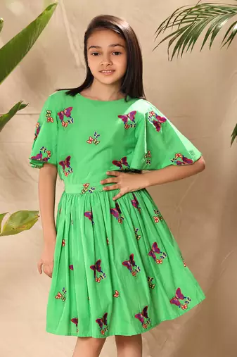 Green embroidered fit and flare dress with circular sleeves