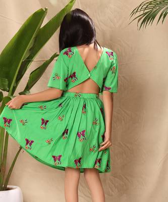 Green embroidered fit and flare dress with circular sleeves 5