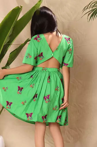 Green embroidered fit and flare dress with circular sleeves