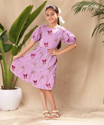 Lavender embroidered fit and flare dress with puff sleeves 1