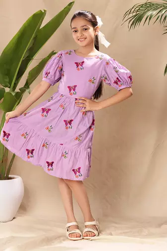 Lavender embroidered fit and flare dress with puff sleeves