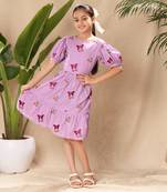 Lavender embroidered fit and flare dress with puff sleeves