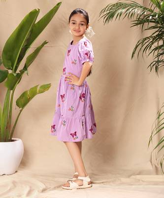 Lavender embroidered fit and flare dress with puff sleeves 2