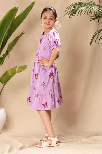 Lavender embroidered fit and flare dress with puff sleeves