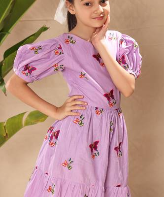 Lavender embroidered fit and flare dress with puff sleeves 3