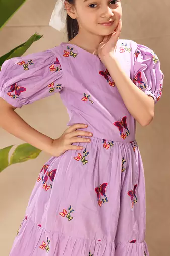 Lavender embroidered fit and flare dress with puff sleeves