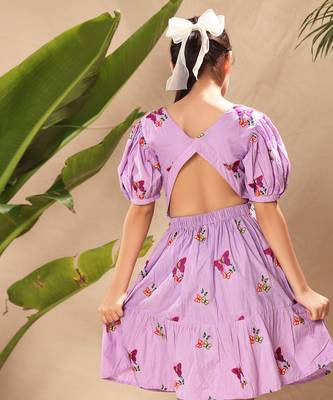 Lavender embroidered fit and flare dress with puff sleeves 4