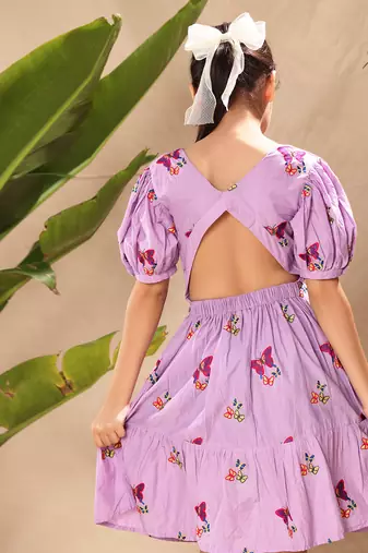 Lavender embroidered fit and flare dress with puff sleeves