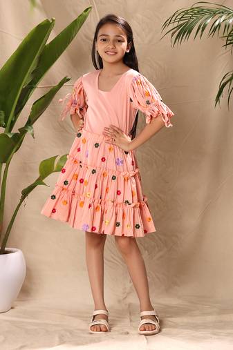 three tiered embroidered dress with tie up balloon sleeves