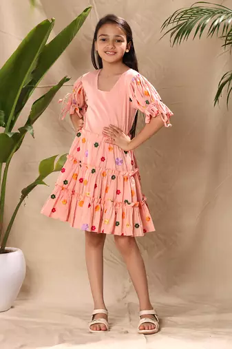three tiered embroidered dress with tie up balloon sleeves