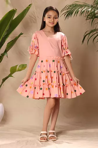 three tiered embroidered dress with tie up balloon sleeves