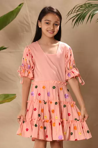 three tiered embroidered dress with tie up balloon sleeves