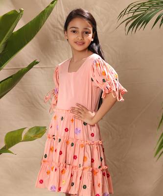 three tiered embroidered dress with tie up balloon sleeves 4