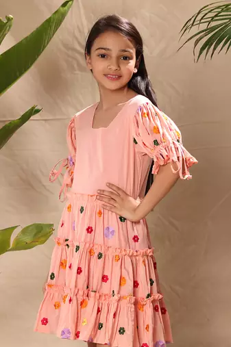 three tiered embroidered dress with tie up balloon sleeves