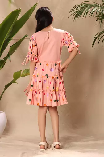 three tiered embroidered dress with tie up balloon sleeves