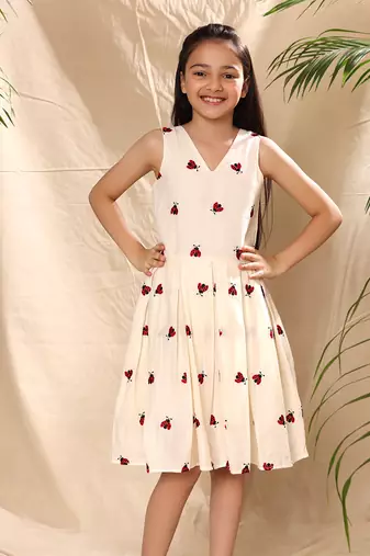 Off white  embroidered box pleat dress