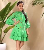 Green embroidered drop waist dress with two box pleat tiers