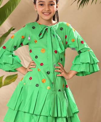 Green embroidered drop waist dress with two box pleat tiers 2