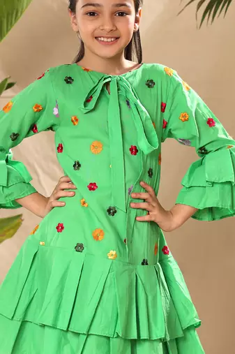 Green embroidered drop waist dress with two box pleat tiers
