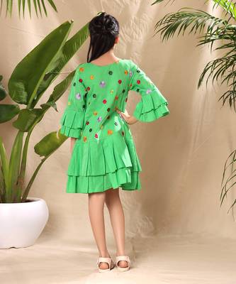 Green embroidered drop waist dress with two box pleat tiers 3