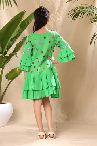 Green embroidered drop waist dress with two box pleat tiers