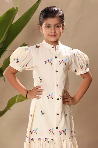 Off embroidered white midi dress with puff sleeves