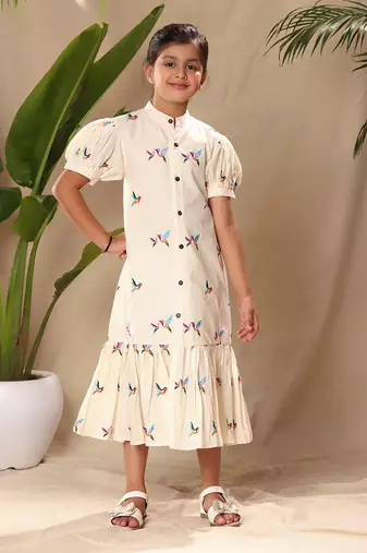 Off embroidered white midi dress with puff sleeves
